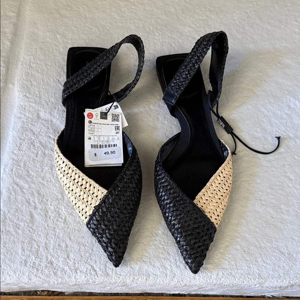 ZARA Black and Natural Woven Pointed Toe Slingback Flats - Picture 1 of 4